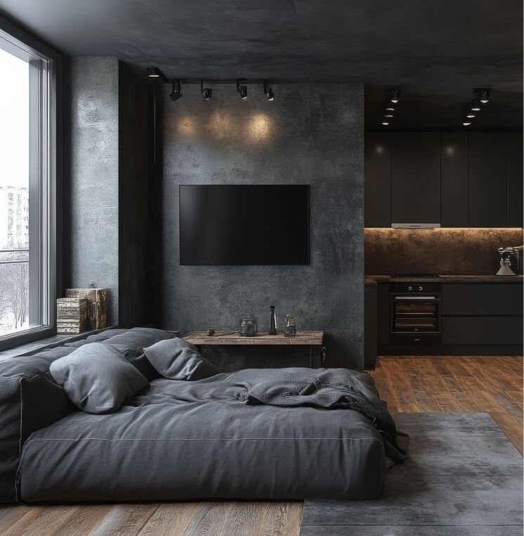 Un moderno appartamento monolocale in stile industriale a Milano con pareti grigio scuro e pavimento in legno, con un letto matrimoniale grigio in primo piano e una cucina nera minimalista sullo sfondo. La finestra mostra un paesaggio urbano innevato.
