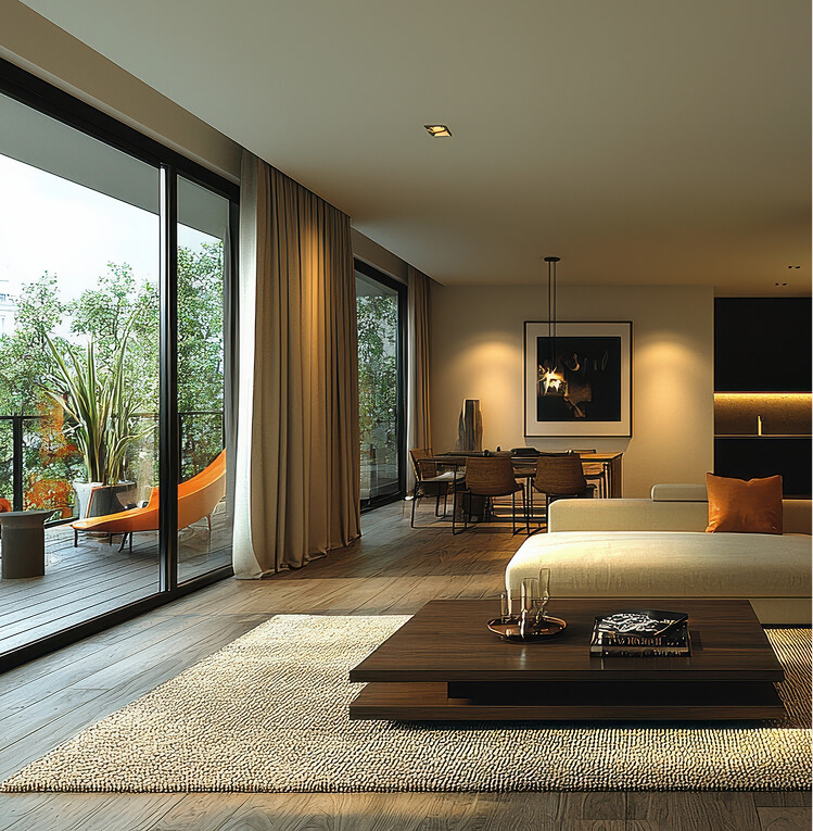 Un ampio soggiorno moderno a Milano con parquet, divano beige, tavolino in legno, sala da pranzo e balcone con verde.