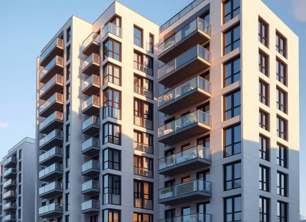 Palazzo moderno con grandi finestre e balconi in vetro. Il cielo è sereno
