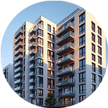 Un moderno palazzo residenziale bianco a Milano, con balconi in vetro e grandi finestre, sotto un cielo sereno.