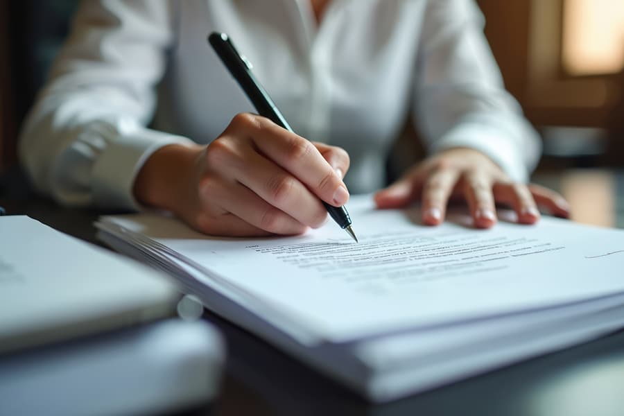 Persona che firma un documento su una scrivania; vicino una pila di fogli e note, illuminata da luce calda domestica.	