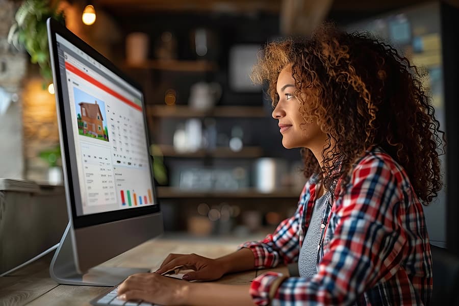 Woman with curly hair sitting in front of a laptop computer displaying graphs and analysis data, immersed in modern setting with shelves in the background