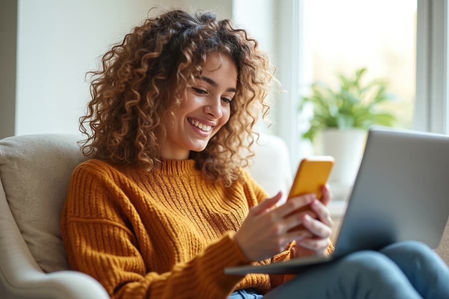 Woman with curly hair smiling while using yellow smartphone sitting on the sofa with a laptop computer in a bright room with green plants in the background.