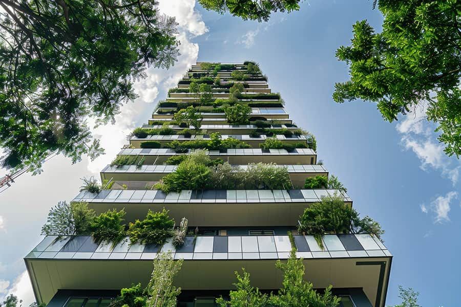 Immagine del Bosco Verticale dal basso caratterizzato da ampie terrazze con piante verdi, circondato da alberi e con un cielo blu sullo sfondo, che evidenzia un design innovativo e sostenibile